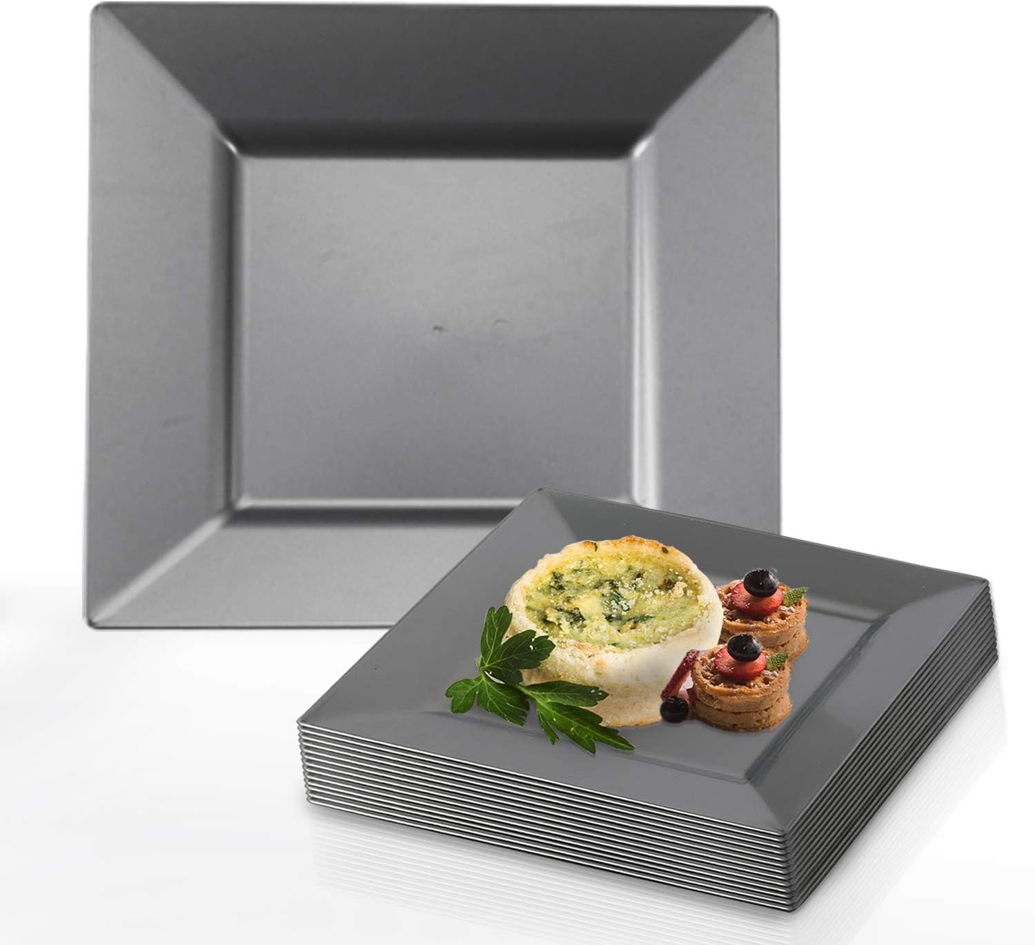 Kaya Collection - Silver Plastic Square 10.75" Dinner Plates - Disposable or Reusable - 2 Pack (20 Plates)