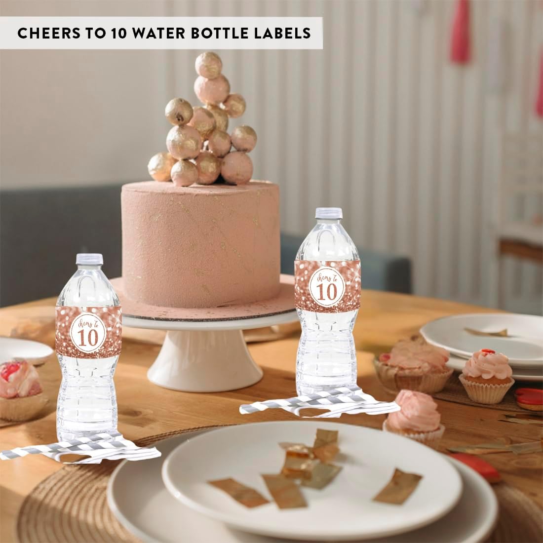 Andaz Press Glitzy Faux Glitter Rose Gold Water Bottle Labels Stickers, Cheers to 10, 10th Birthday Water Bottle Labels Anniversary 10th Birthday Decorations for Women Birthday Party Favors, 20-Pack