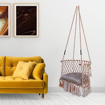 Vachheta Naresh Furniture Premium Hammock Hanging Swing Chair with Cushion & Accessories for Indoor & Outdoor, C Shape, Silk Polyester Rope, 150Kg Capacity/Swing Cushion (Copper and White)