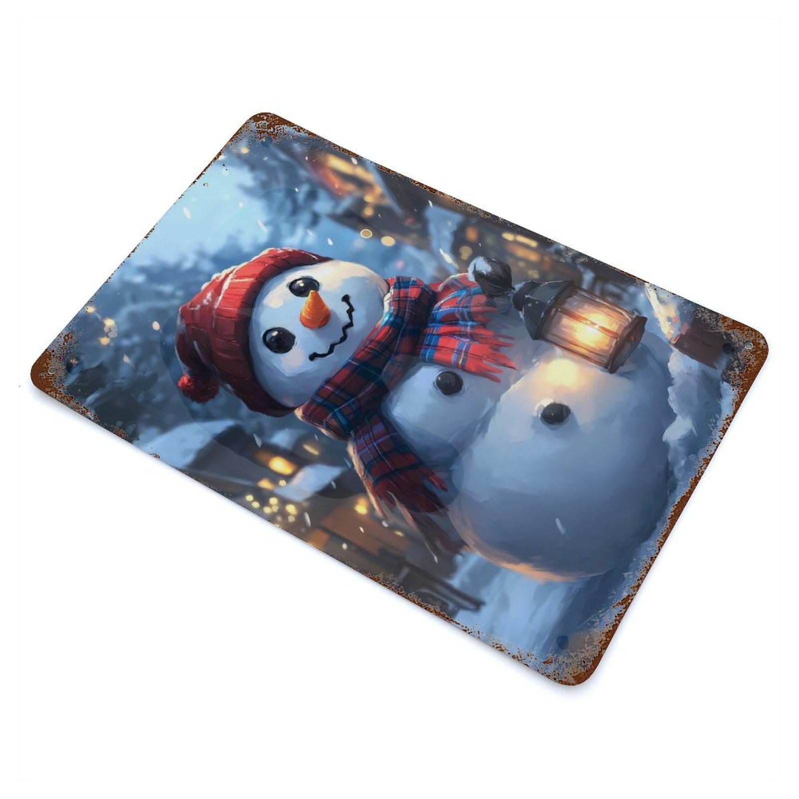 Garage Style Smiling Snowman with Lantern Christmas Vintage Rust Metal Sign 11.8"x7.9", Retro Wall Decor for Bar And Workshop
