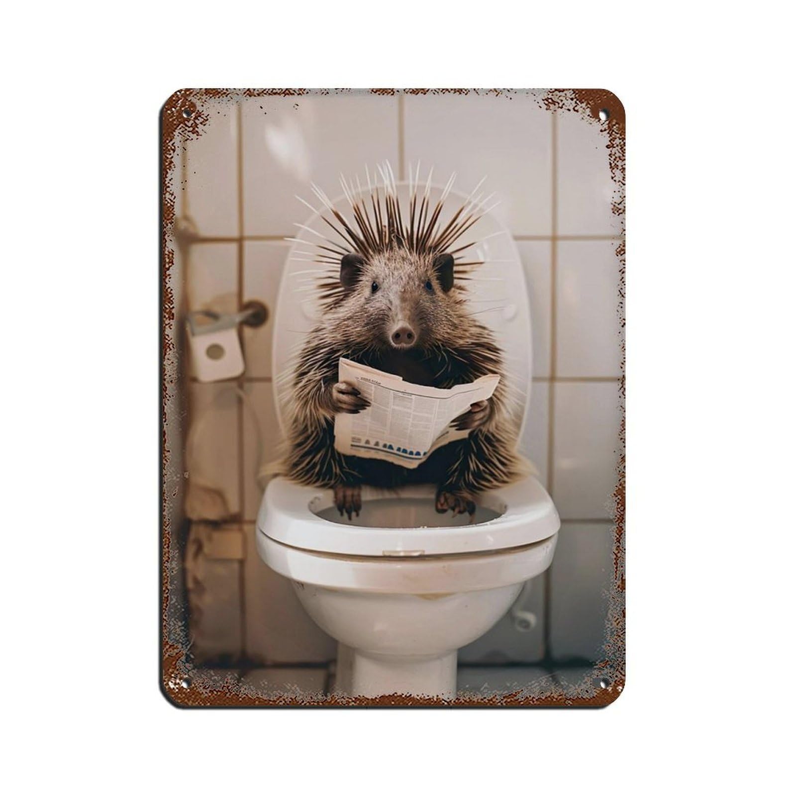 Porcupine Sitting on The Toilet Reading A Newspaper (5) Retro Poster Metal Tin Sign Chic Art Retro Iron Painting Bar People Cave Cafe Family Garage Poster Wall Decoration 12x16inch(30x40cm)