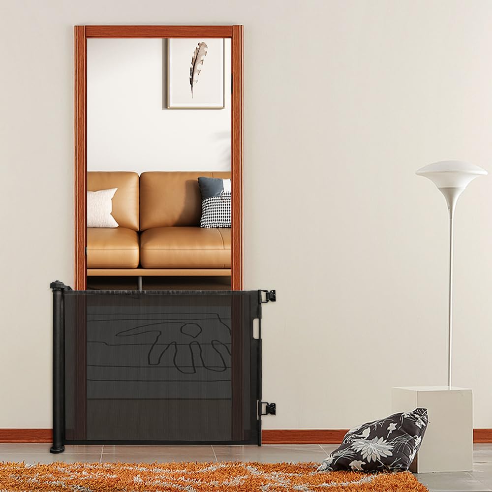 Barrera de seguridad retráctil para bebés y perros, 0-150 cm, barrera retráctil infantil, barrera de seguridad infantil, apta para escaleras, pasillos, interior (gris, 86 x 180 cm)