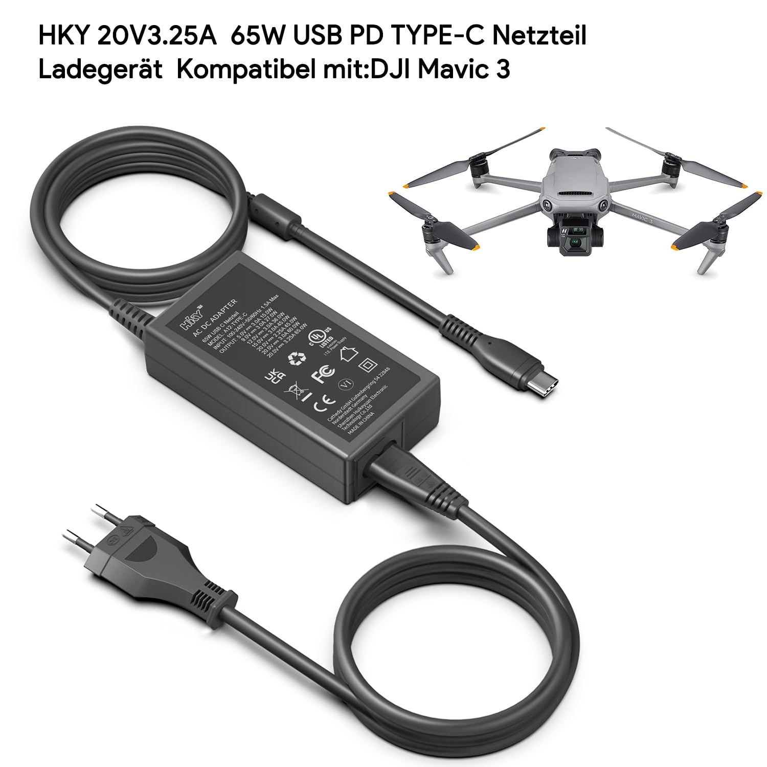 Cargador USB-C Rápido 65W Para DJI, JBL Y Más – HKY Adaptador De Viaje Con 4 Enchufes