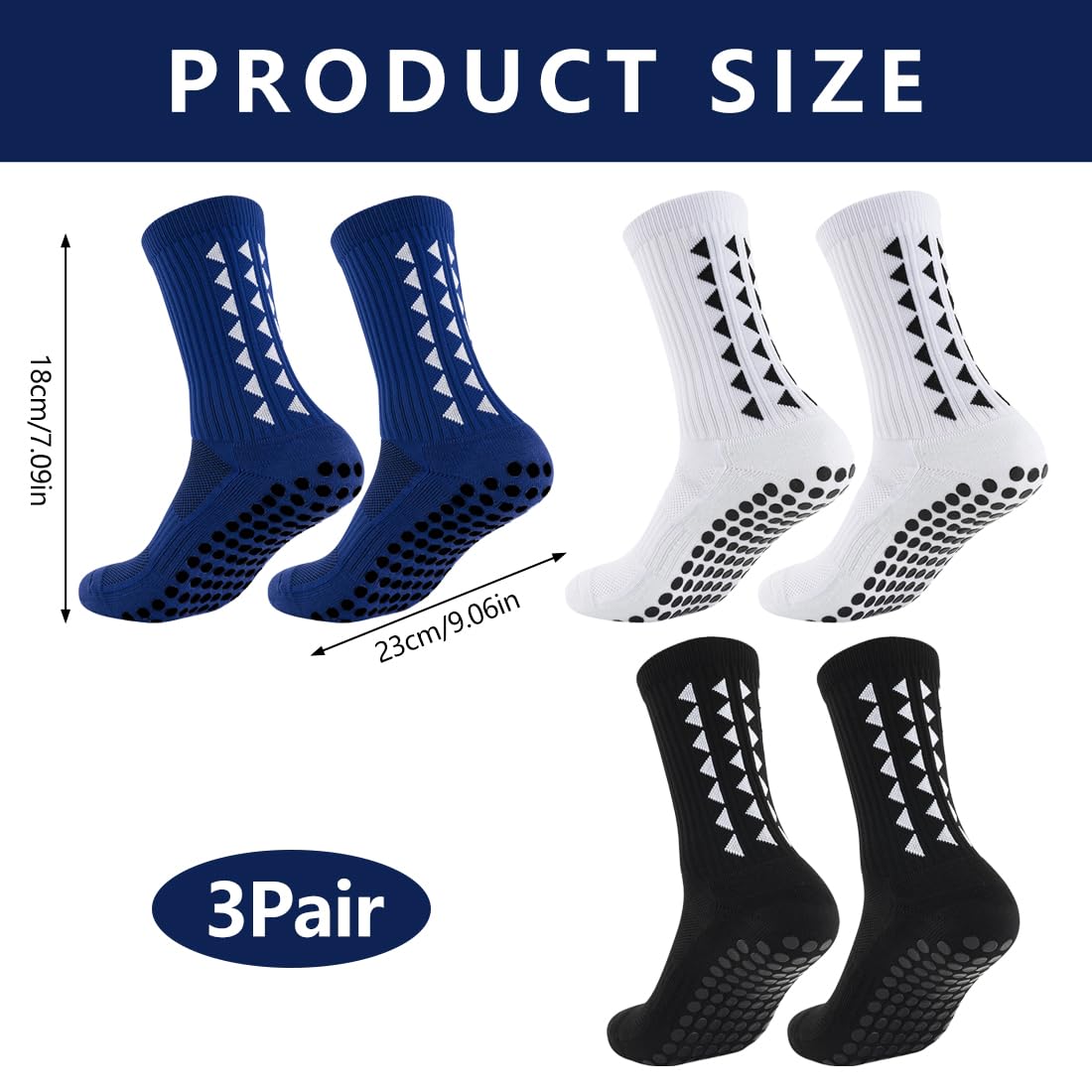 Gain The Edge Grip, 3 paia di calzini da calcio per uomini, donne e bambini, antiscivolo, con supporto per arco plantare migliorato, per calcio, rugby, basket, corsa, yoga (nero, bianco, blu)