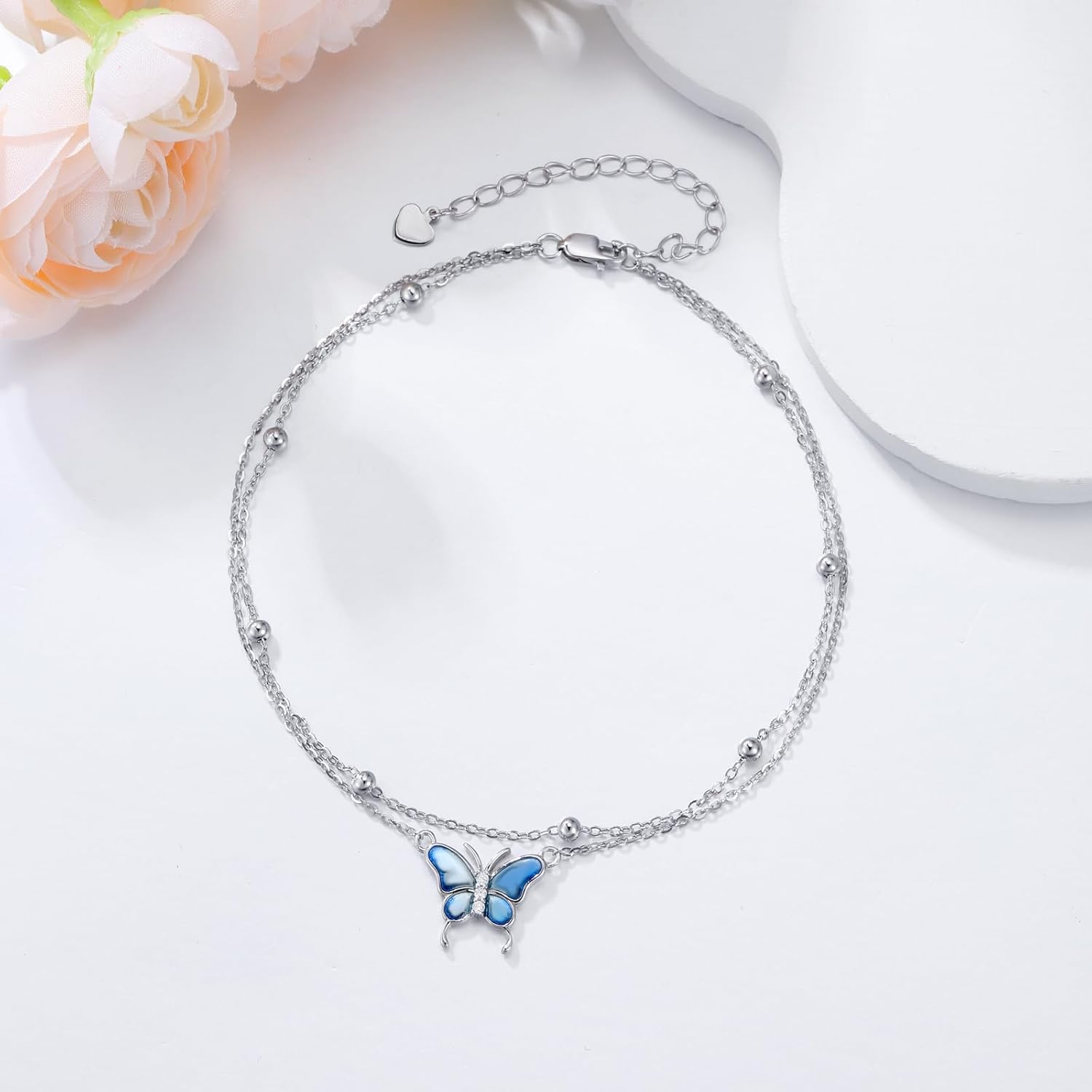 Diamond Butterfly Anklets 925 Sterling Silver Blue Buttefly Double Layer Anklets Bracelet Jewelry Gifts for Women Daughter Friends, 9'' + 2'' - Image 3
