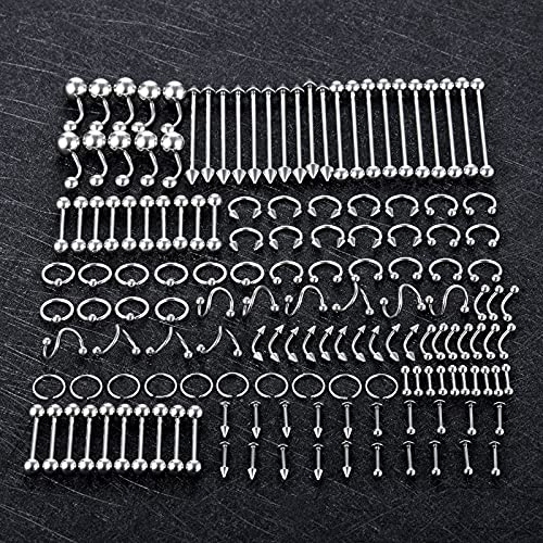 Xpircn 150PCS Piercing Kit Jewelry Stainless Steel Lip Nose Tongue Tragus Cartilage Daith Eeybrow Belly Button Rings Body Piercing Tools 14G 16G 20G4