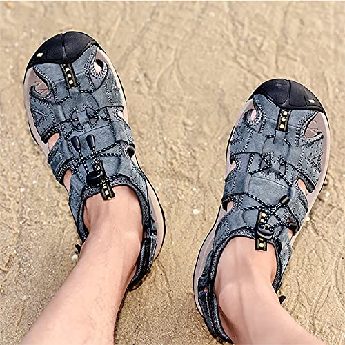 MILDSEVEN Fashion Men's Closed Toe Sandals, Classics Real Leather Hiking Sandals, Hollow Out Backpacking Beach Shoes,10.5,Grey4