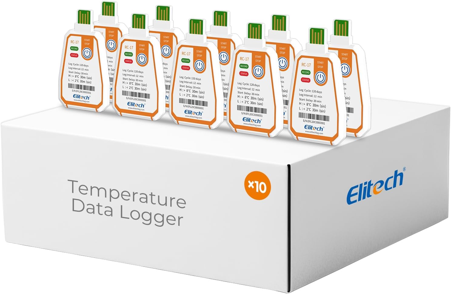Elitech 10Pack USB PDF Data Logger Recorder Single-use Disposable, up to 120 Days Transportation, Temperature Monitoring Report -22～158℉ RC-17