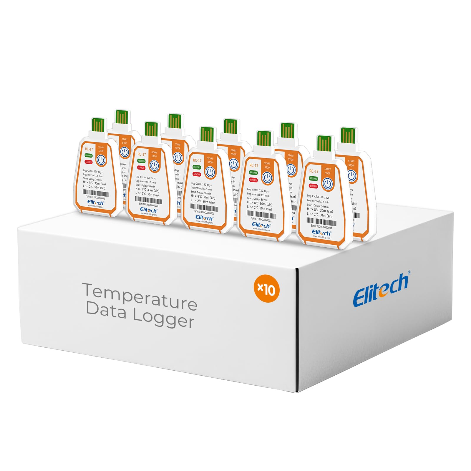 Elitech 10Pack USB PDF Data Logger Recorder Single-use Disposable, up to 120 Days Transportation, Temperature Monitoring Report -22~158℉ RC-17