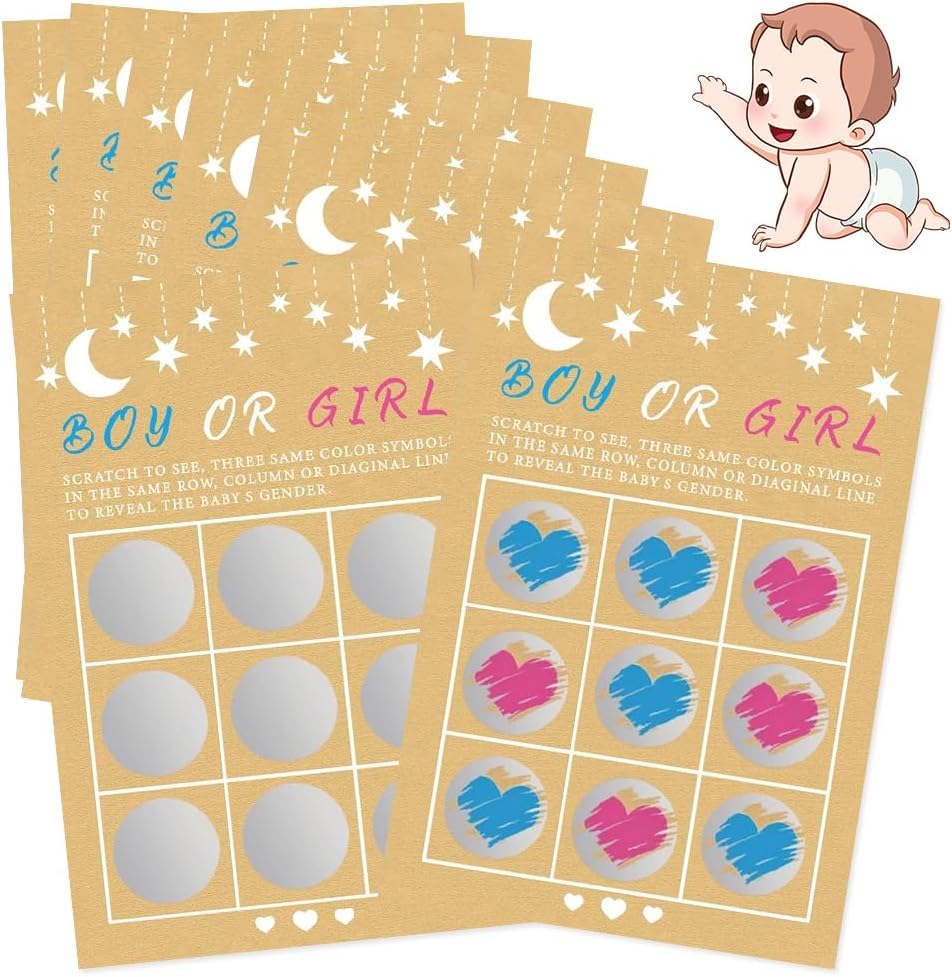 QWEPU Gender Reveal Party Spiele, Surprise Sex Reveal Scratch Off Cards - Boy or Girl? Its a Sex Tic Tac Toe Board, Reveal Party Ideas & Scratch off Game (7PCS Boy)