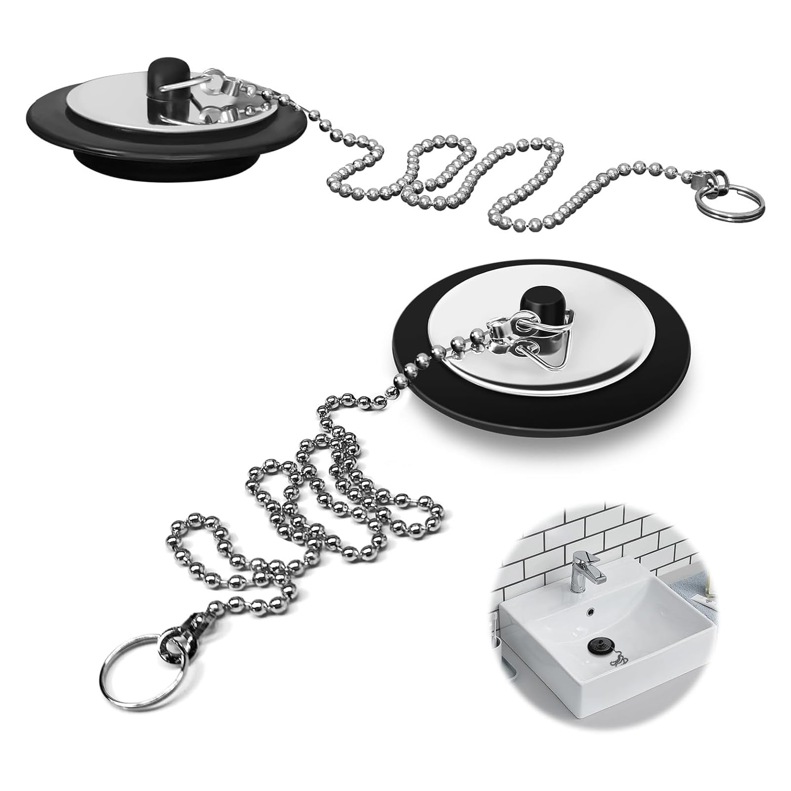 2 Pcs Universal Bath Plug, Bath Plug and Chain, Bath Plug Replacement, Kitchen & Bathroom Sink Plug Replacement with 40cm Stainless Steel Chain for Bathroom Kitchen, Black Rubber (43mm)