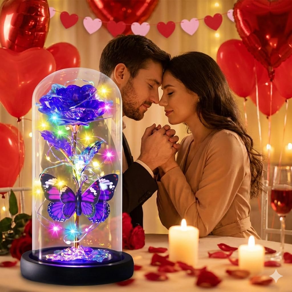 Mothers Day Butterfly Rose Gifts for Mom from Daughter Son - Light Up Purple Rose Flower in Glass Dome - Thinking of You Eternal Love Gifts for Women Mom Wife Her Mother's Day Birthday Anniversary