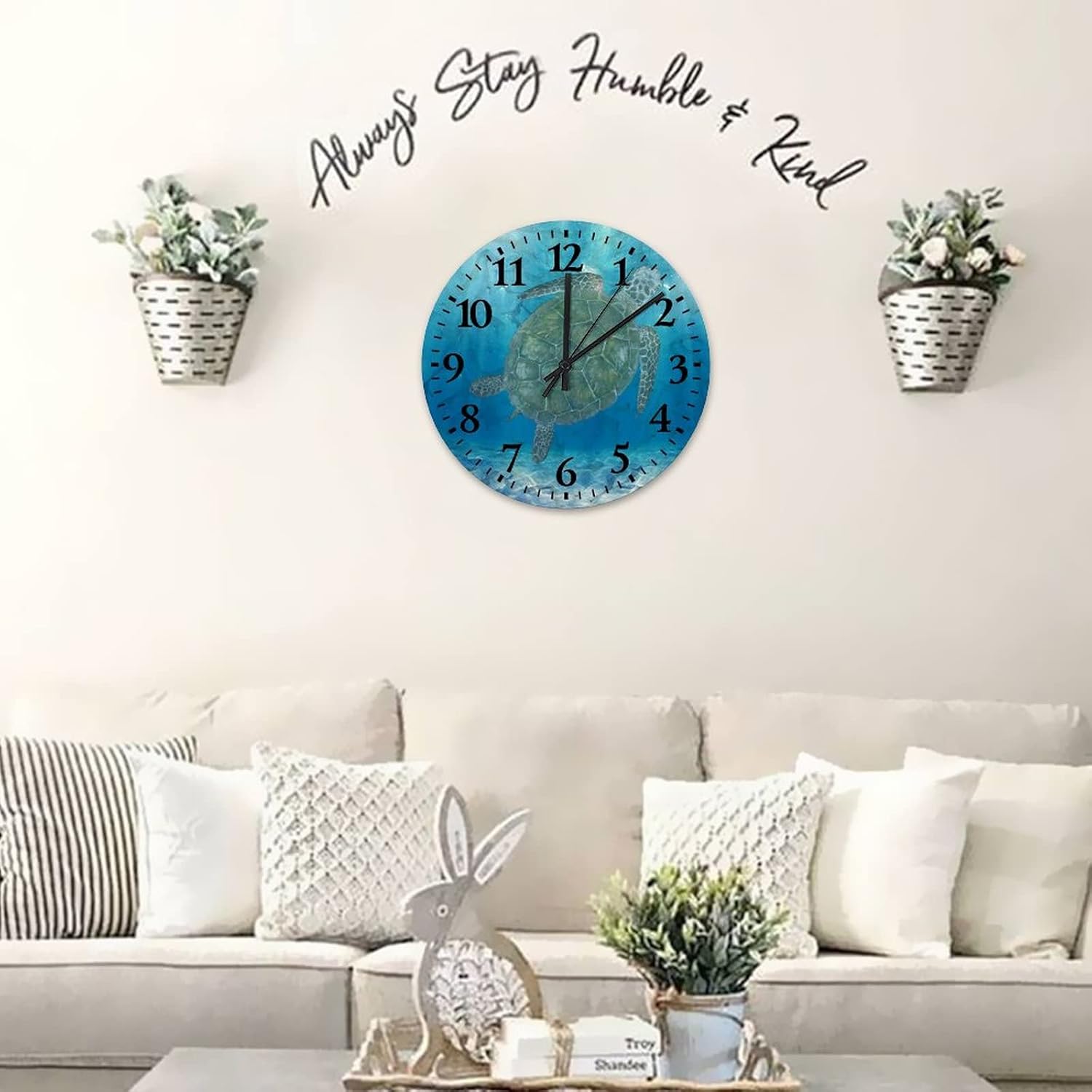 Wooden Wall Clocks Sea Turtle Room Decorative Wall Clock Battery Operated Silent Non-Ticking Arabic Numbers Vintage Beach Theme Round Clock for Living Room Kitchen Bedroom 12 Inch