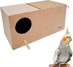 Ninho para Calopsita em MDF, Marrom Natural, 33x16.5x16cm, Com Gancho, Tampa Removível, Para Reprodução e Descanso