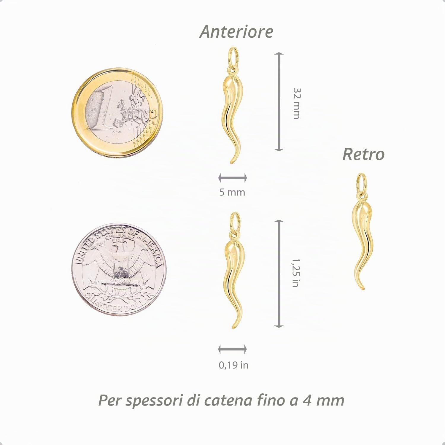 forme di Lucchetta - Cornetto Portafortuna in Vero Oro Giallo 14k | Ciondolo Grande, Charms e Ciondoli Unisex per Collana Uomo Donna fino a 4mm