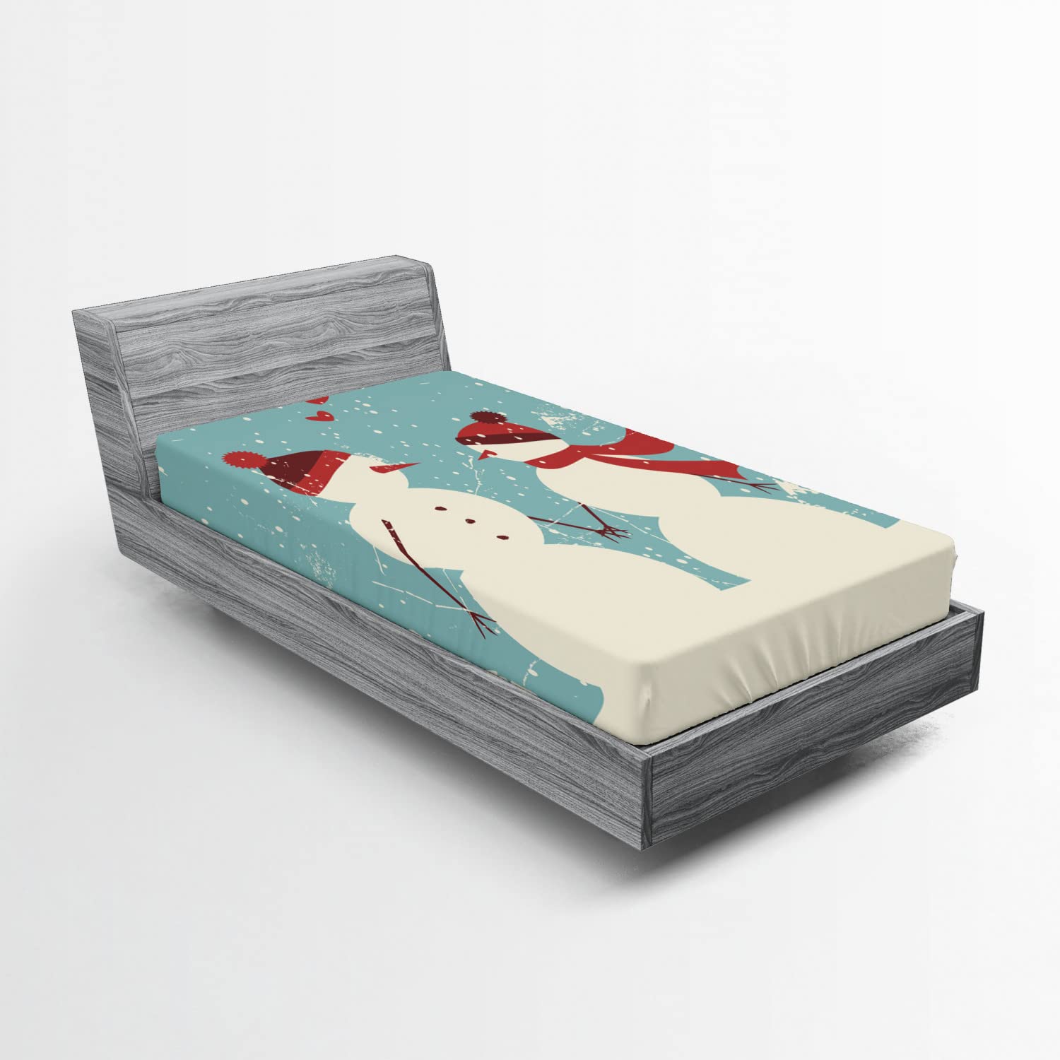 Ambesonne Christmas 2 Pack Fitted Sheet, Snowman Woman Love, Bed Cover All-Round Elastic Deep Pockets 2 Pieces, Package Contains 2 Twin Size Fitted Sheets, Seafoam Cream