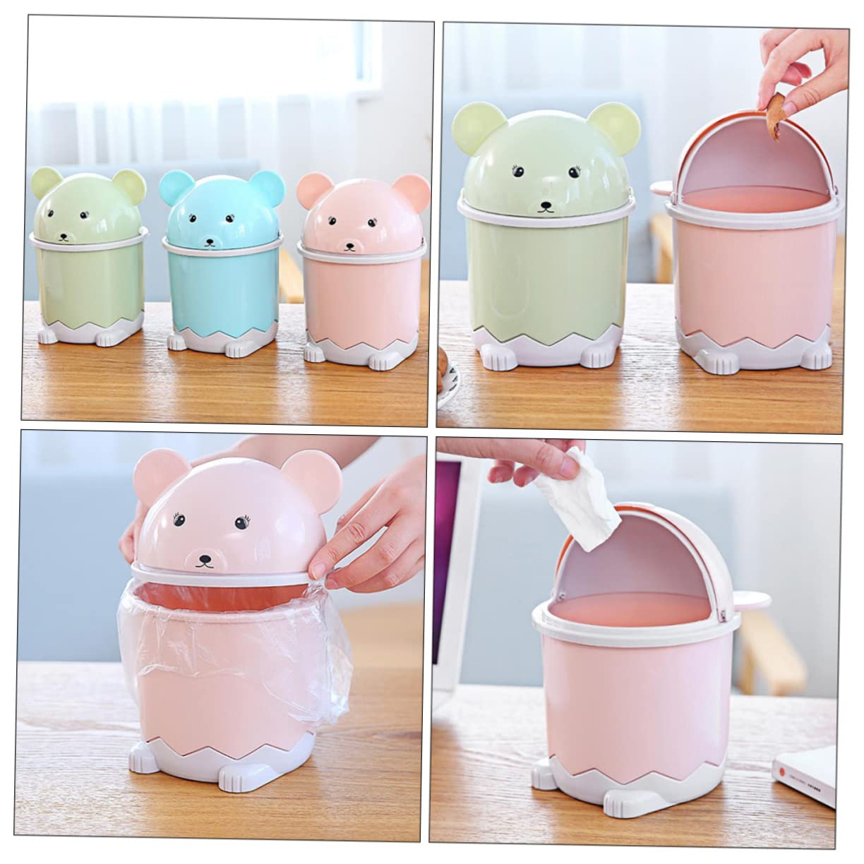 Cabilock 3Pcs Adorable Mini Desk Trash Can Cute Cartoon Garbage Bin with Lid Lightweight Storage for Home Office Bathroom