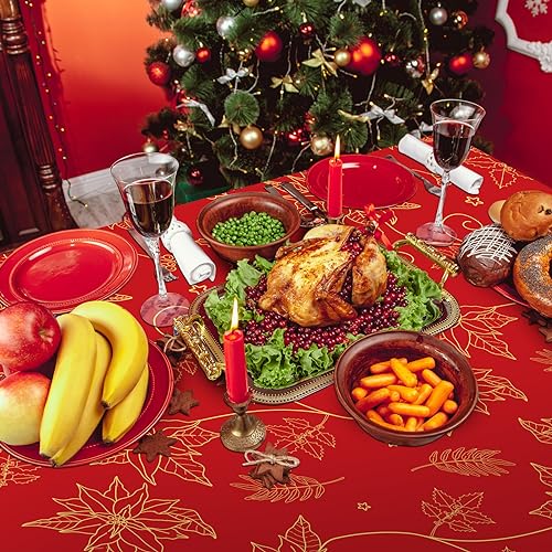 3 Pcs Red Christmas Tablecloths 54 x 108 Inch Gold Flower Poinsettia Bronzing Table Covers Disposable Christmas Rectangle Table Cloth for Xmas Holiday Kitchen Dining Table Decor – Image 8