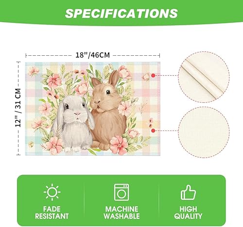 Miniatura 6 de Artoid Mode Juego de 4 manteles individuales de Pascua a cuadros de conejo, conejo, flores y búfalos, 12 x 18 pulgadas, para decoración de fiestas,