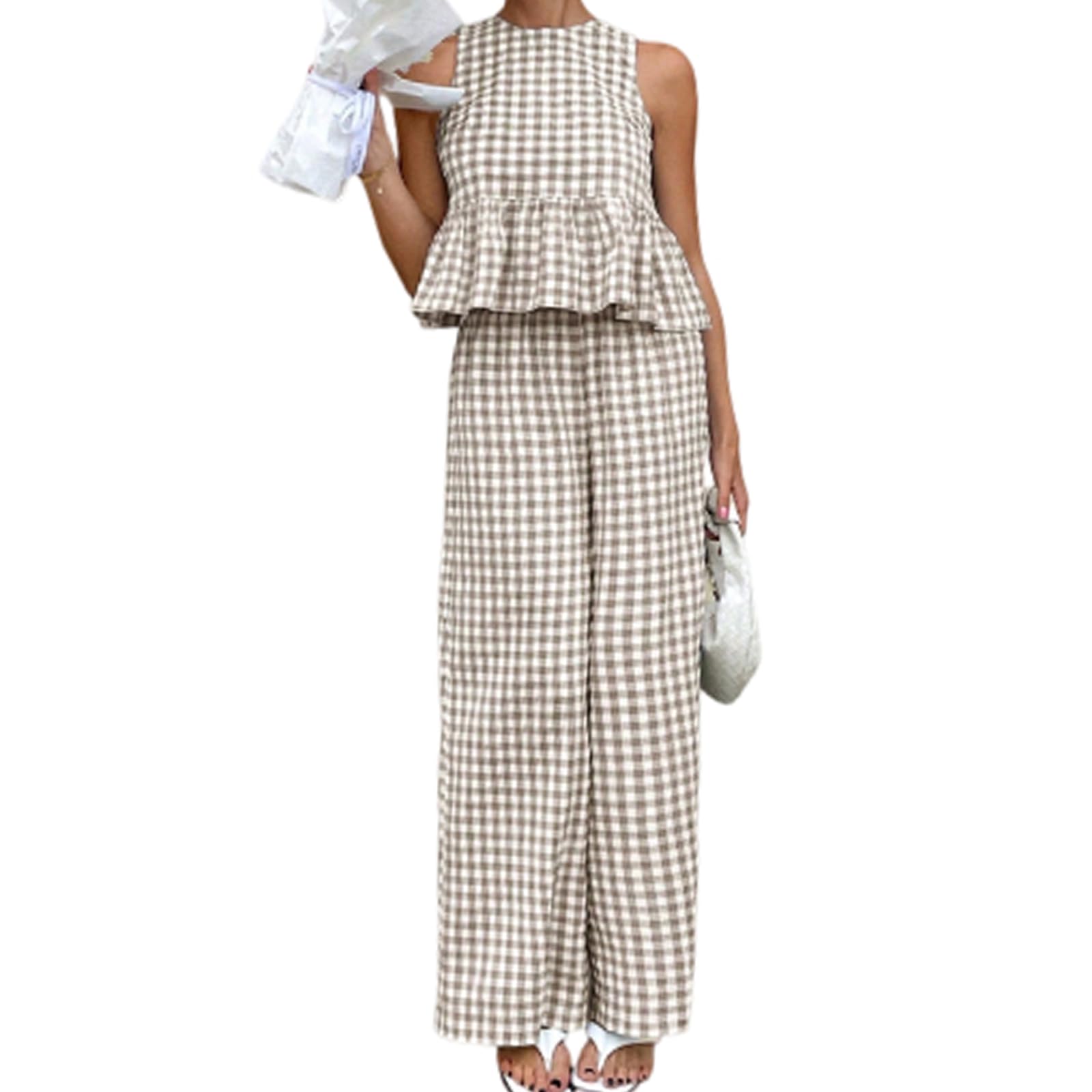 QingxingFa Gingham Sets Women 2 Piece Outfits, Sleeveless Peplum Tank Top and Wide Leg Pants Matching Set for Summer (Khaki,L)