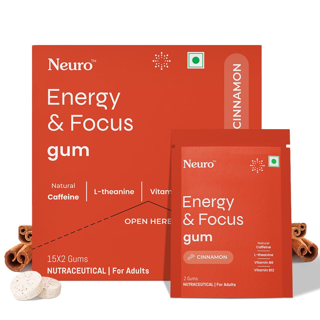 NeuroGum Energy Caffeine Gums (15 X 2 sachets) - Sugar Free with L-theanine + Natural Caffeine + Vitamin B12 & B6 - Energy & Focus Supplement for Women & Men - Cinnamon Flavor | Pack of 1 (30 Gums)