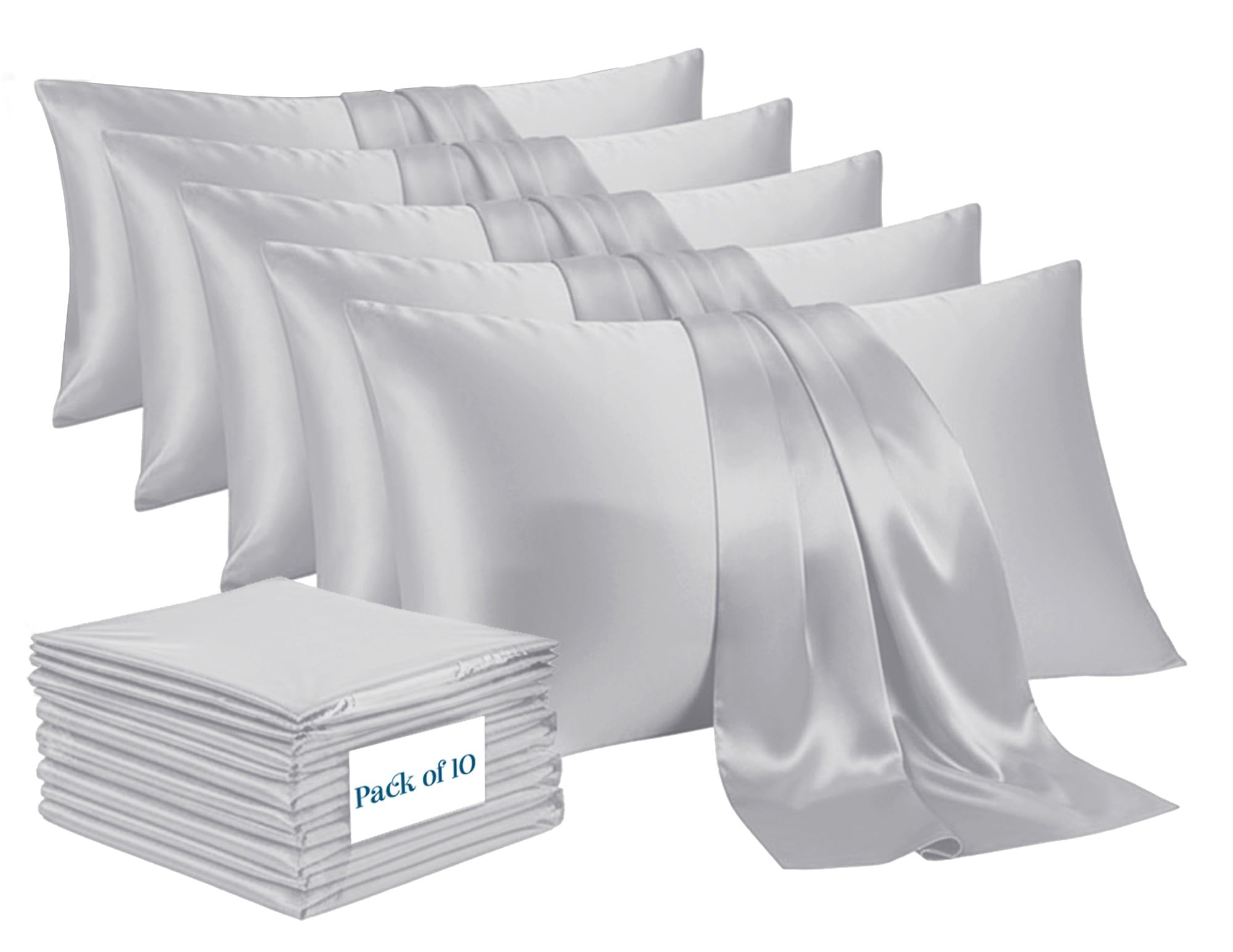 Moonlight Bedding Silver Satin Pillow Cases 10 Pack – Soft & Smooth Feels Like Silk Pillowcases For Hair And Skin Care
