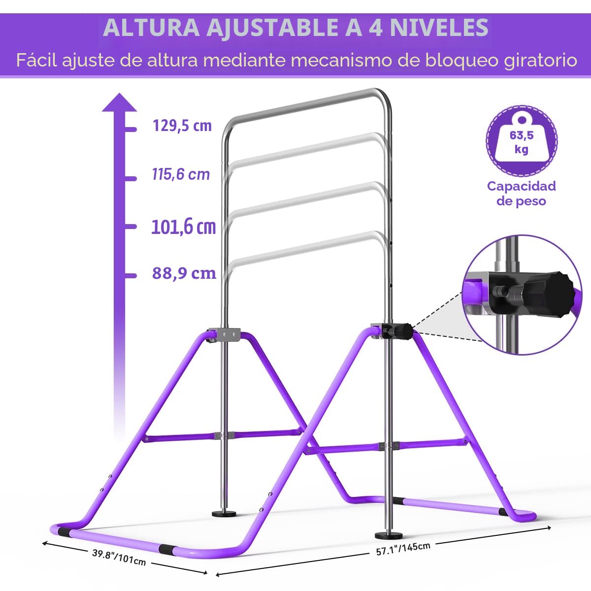 FBSPORT Barra de Gimnasia, Barra Horizontal Plegable, Equipo de Gimnasia para Entrenamiento en Casa, Barra de Entrenamiento de Gimnasia Expandible Junior con Altura Ajustable para Niñas