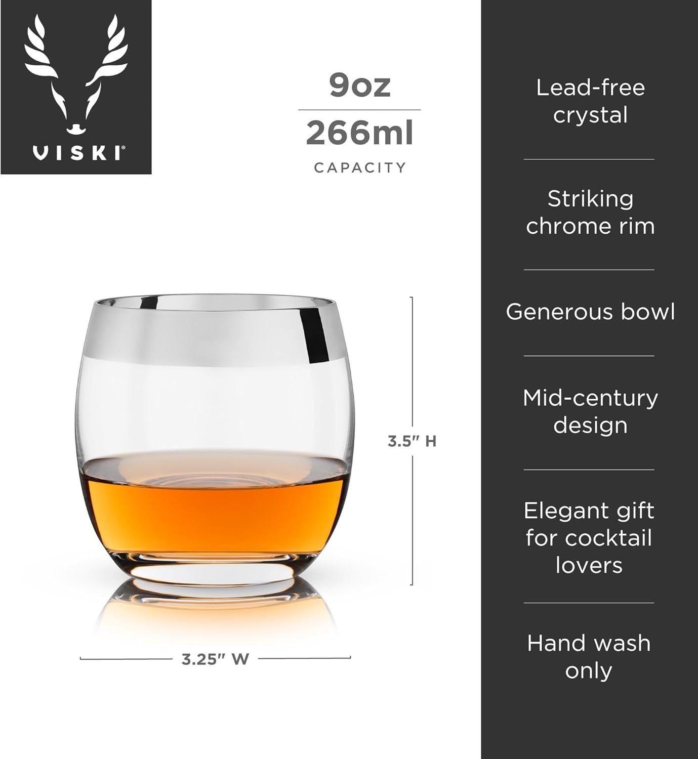 Viski Irving Chrome Rim Crystal Lowball Tumblers Set of 2 - Premium Crystal Clear Cocktail Glass Gold Rimmed Glassware, Stylish Lowball Whiskey Glass Gift Set, 9 oz
