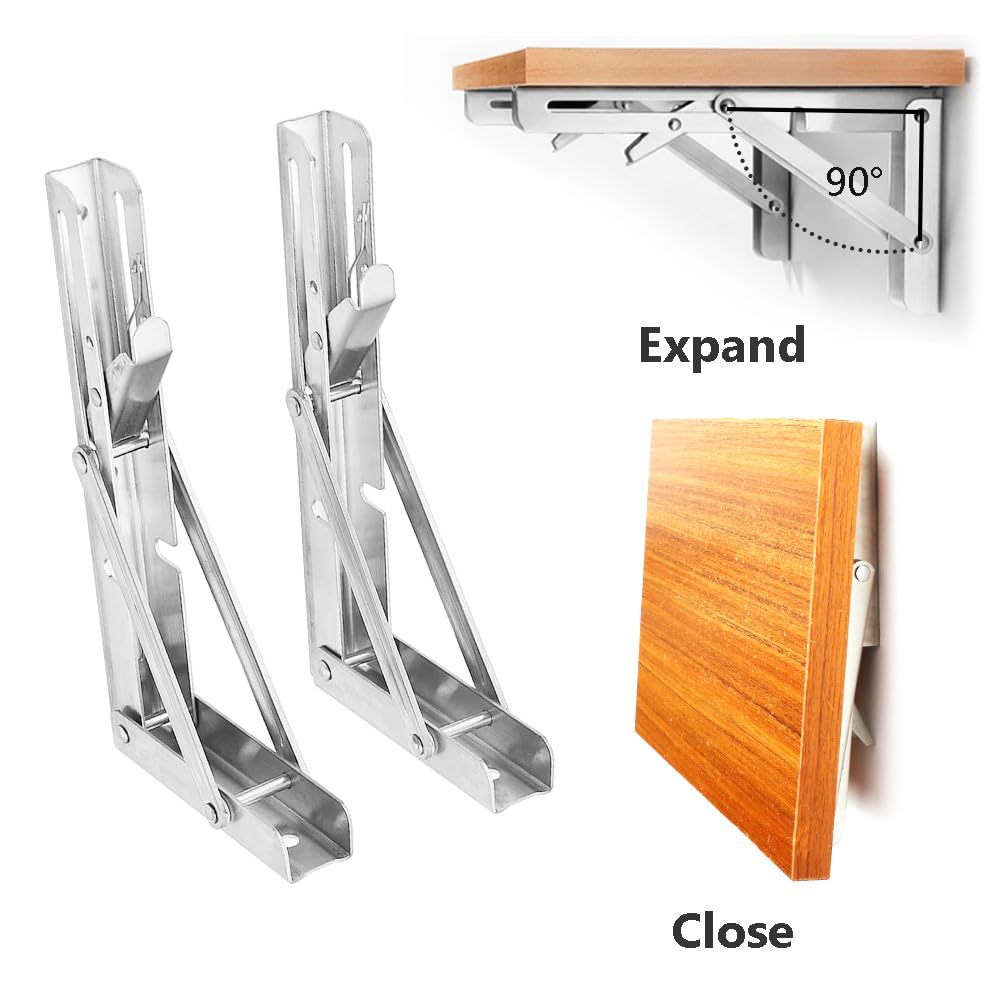Hocansen 2Pcs Stainless Steel Foldable Brackets L Shelf Collapsible Brackets Silver Wall Mounted Shelf Bracket Max Load 132 lb Collapsible Shelf Bracket for Table Bookcase (ZDJ/Silver250mm) - Image 4