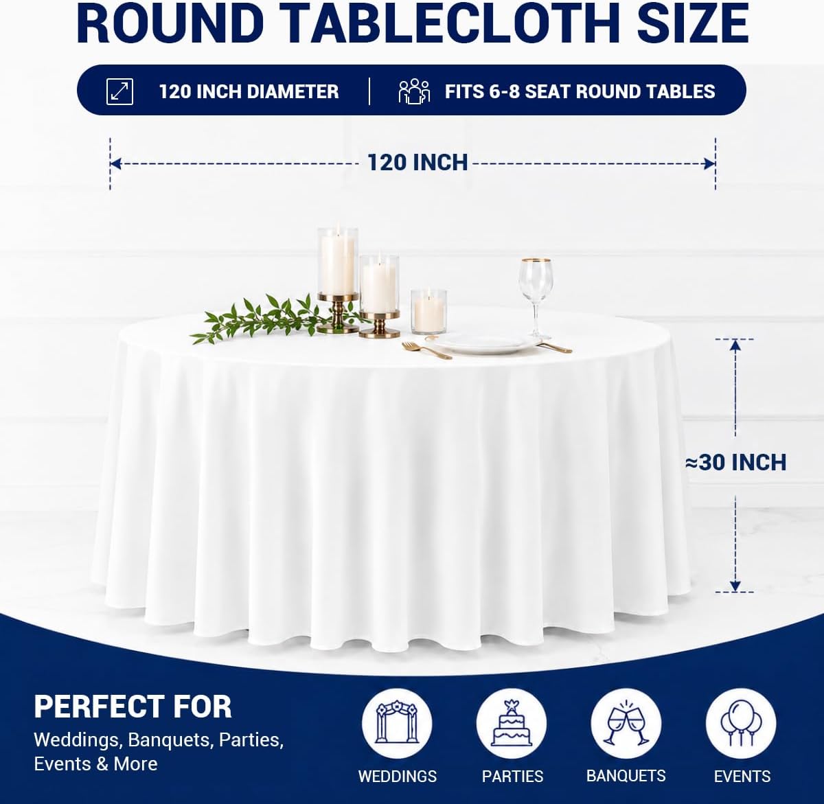 10 Pack 120 Inch White Round Tablecloths, Polyester Fabric Table Covers, Washable & Reusable Table Linens for Wedding, Party, Banquet, Restaurant & Events