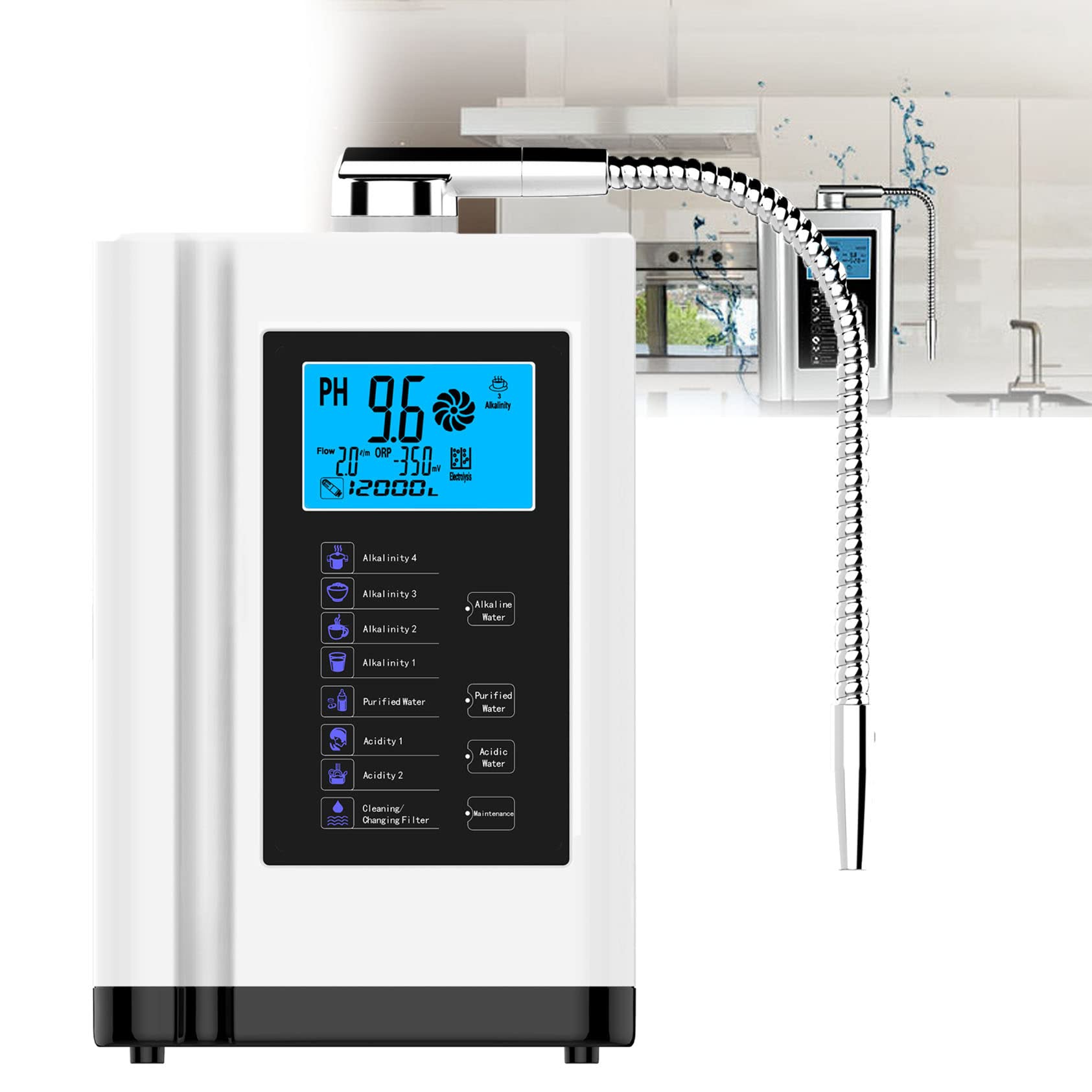 RESKIU Alkaline Water Ionizer,Alkaline Water Machine AG7.0,Water Filtration System, Produces PH 3.5-10.5 Alkaline Water,Hydrogen Generator Machine Purifier 3.8in LCD Home,White