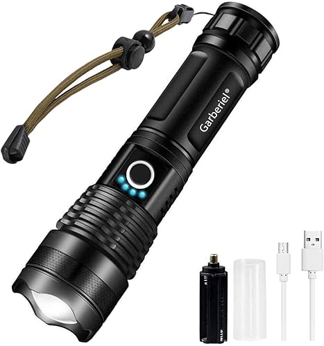Garberiel LED XHP50 Rechargeable Flashlight Super Bright 9000 Lumens Waterproof High Power Flash Light Handheld Torch with 5 Modes for Camping