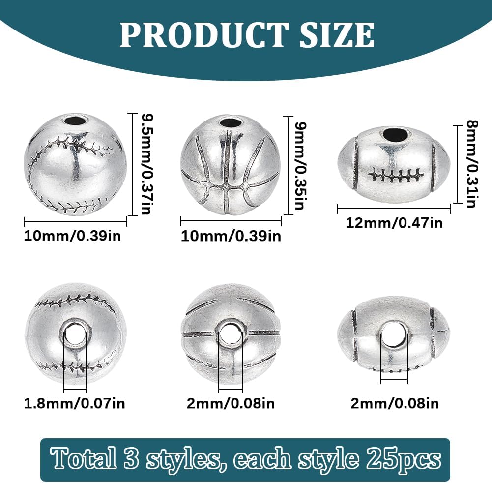 SUNYCLUE 1 Box 75Pcs 3 Styles 10mm Metal Sport Beads Football Beads Bulk Large Silver Alloy Basketball Baseball Competition Sports Ball Beads for Bracelets Beading Necklace Diy Jewelry Making Supplies image 2
