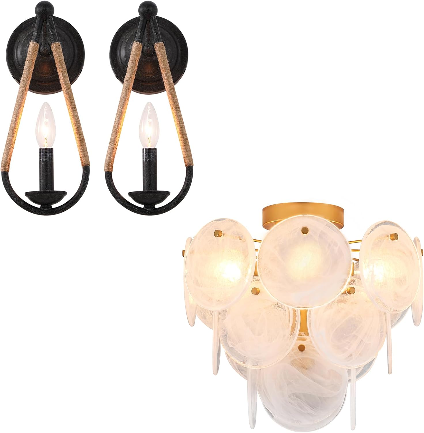 VANZARLA Modern Flush Mount Glass Ceiling Light and Rustic Wall Sconces