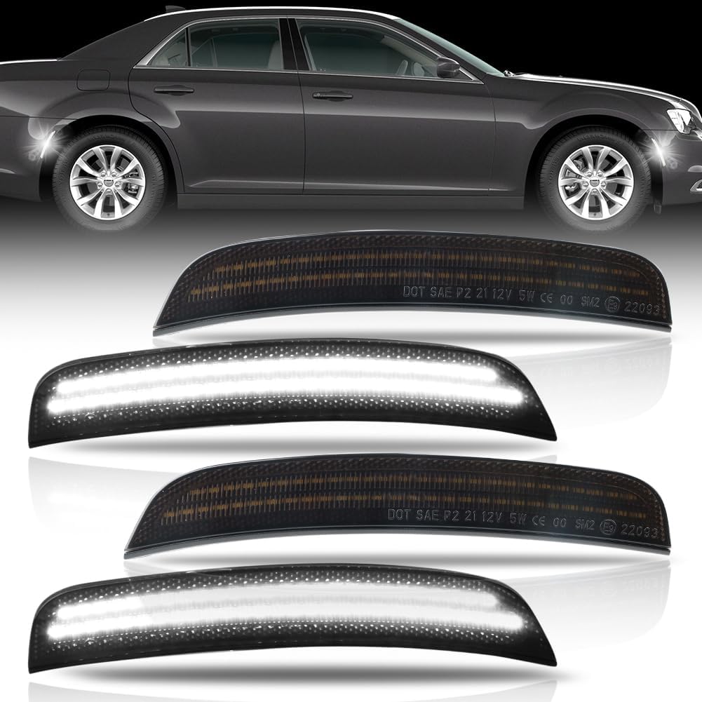 4 PCS Front & Rear Fender [Ultra-Bright] 2-Row Full LED Side Marker Lights for Chrysler 300 2015-2024, Chrysler 300 Smoked Lens Side Bumper Marker Lamps, White LED Side Markers Signal Lights
