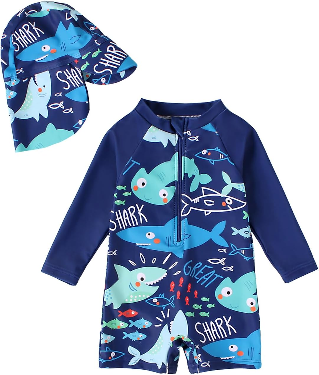 WYTbaby Baby Boy Rash Guard Swimsuit Set with Sun Hat, Long Sleeve One Piece Zipper Sunsuit for Infant Toddler 0-3T