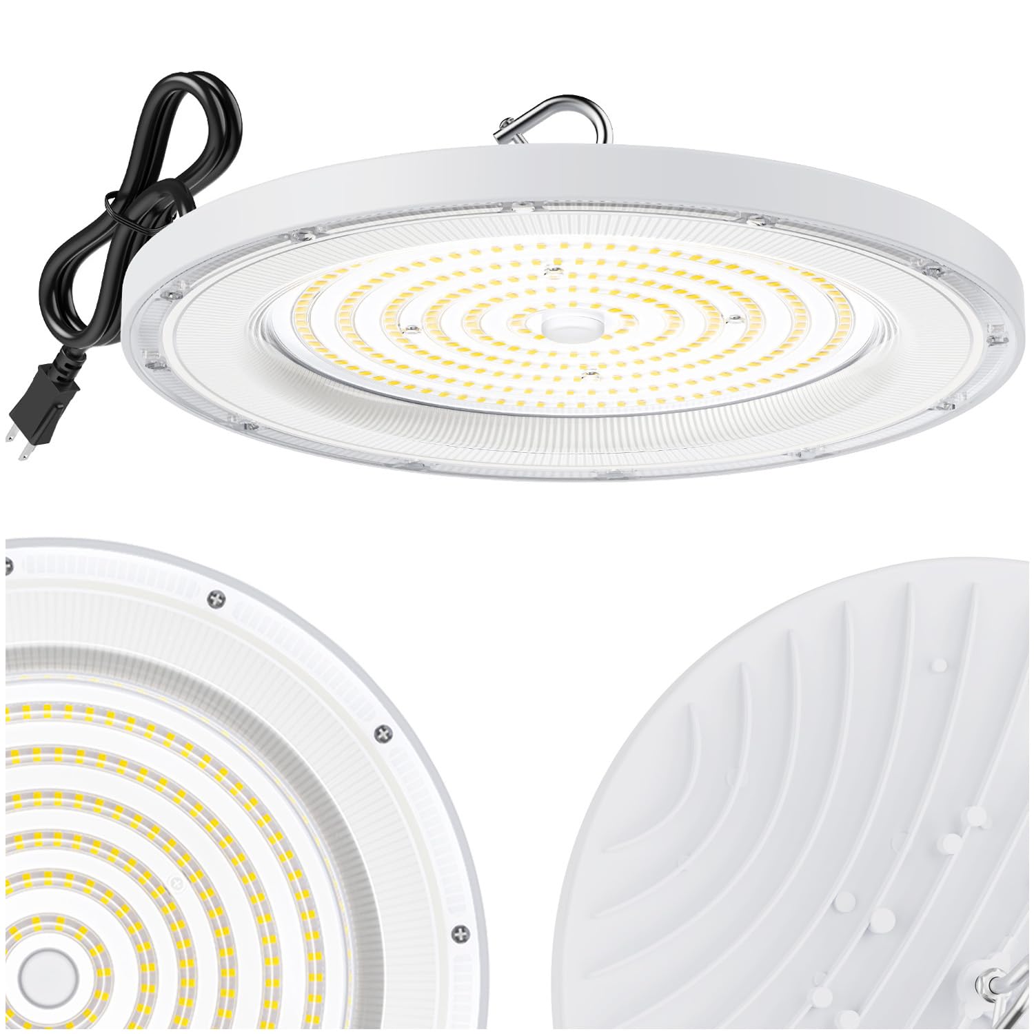 WinWatt LED High Bay Light ECO 200W, 15' UFO Ceiling Lighting Fixture w/Plug for Garage Shop Warehouse Workshop, 5000k 20000lm Non-Dimmable IP65 (1-Pack White)