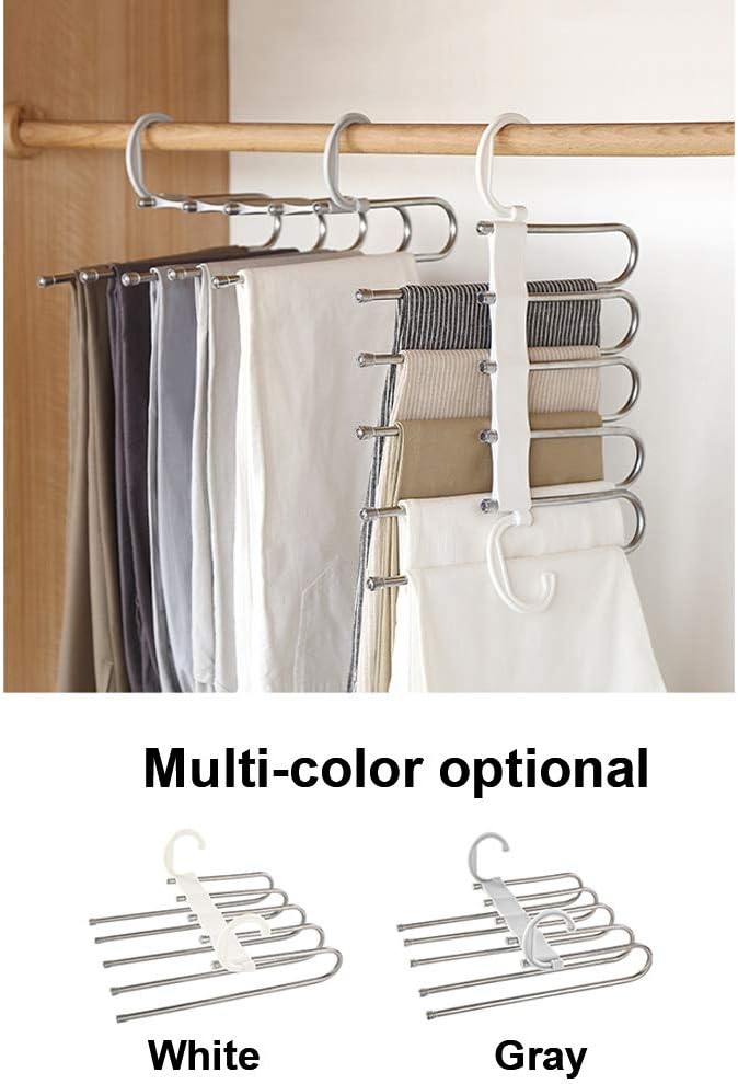 Magic Pants Hangers Space Saving, Pants Hangers,5 Layers Stainless Steel Space Saving Magic Adjustable Dual Hooks Clothes Storage Organizer (Color : White) (Gray)
