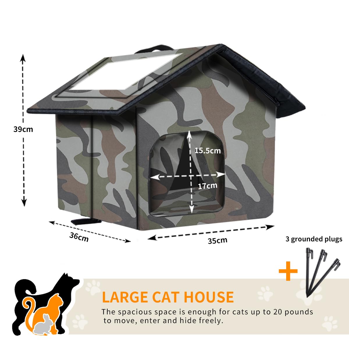 WHDPETS Cuccia per Gatto, Cuccia Gatto Esterno Impermeabile Pieghevole, Casetta per Gatti da Esterno per Animali Randagi 35 X 36 X 39 cm