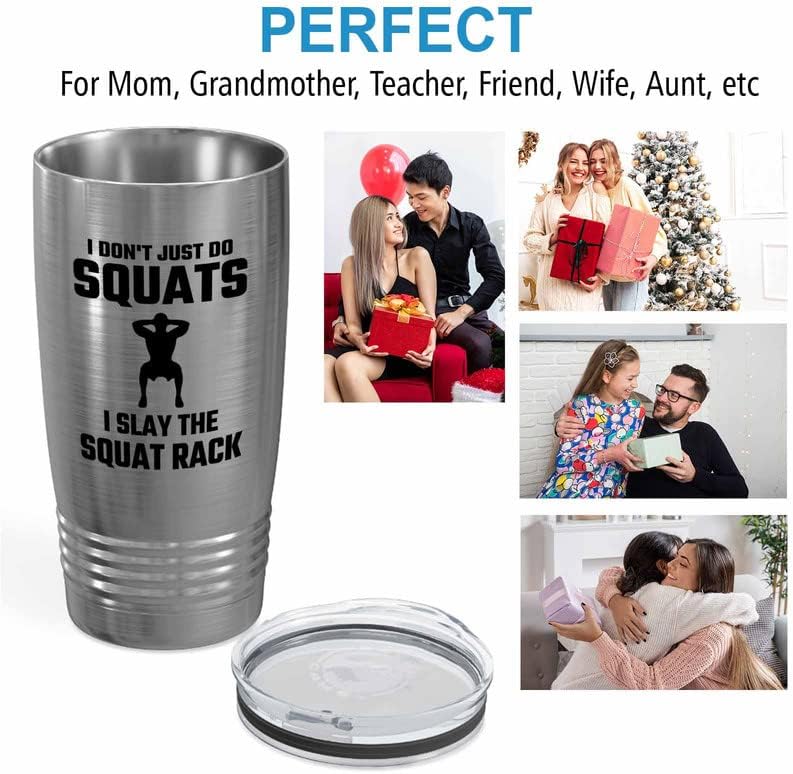 Gym Squat Silver Tumbler 20oz - I don't just squat - Squat Bar Weights Funny Workout Pullup Rack Squat Tack Fitness
