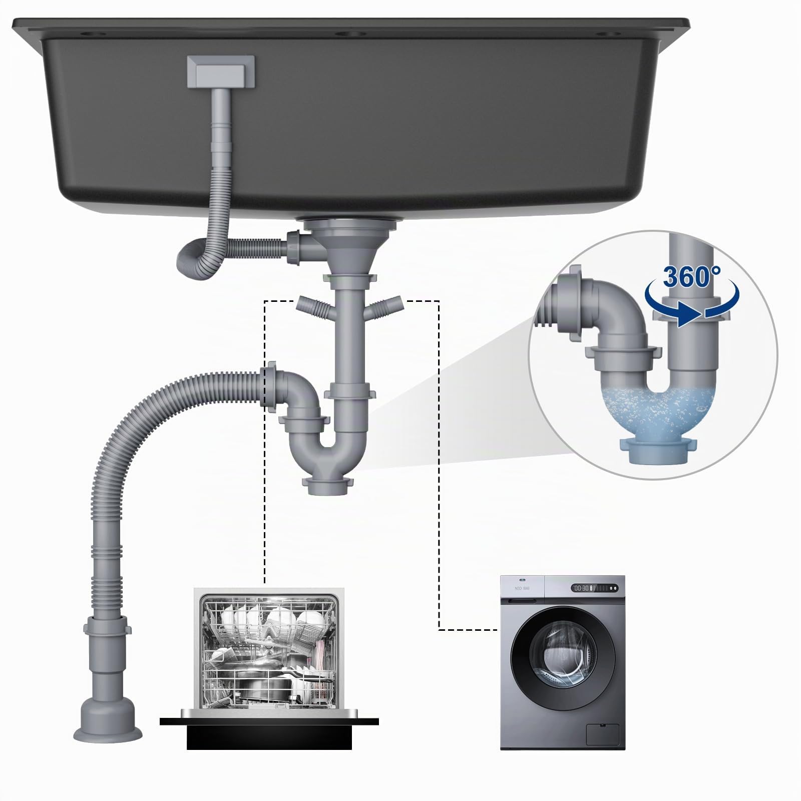 CECIPA Évier Granit Noir 70x45Cm Grand Bac, Robinet Avec Douche Extractible, Encastrable Pour Meuble 80Cm, Ensemble Vidange Inclus