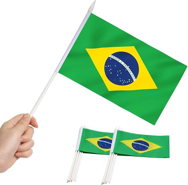 Brazil Stick Flag, ANLEY Brazilian 5x8 inch (12 X 20cm) HandHeld Mini Flag With 12" (30cm) White Solid Pole - Vivid Color and Fade Resistant - 5 x 8 inch Hand Held Stick Flags With Spear Top (1 Dozen)