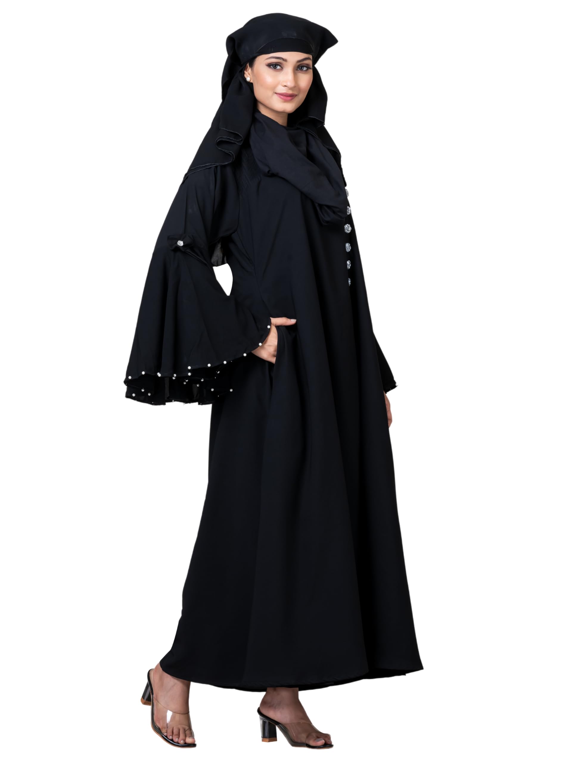 Nida Matte Round Bazu Abaya for Women, Long Sleeve Islamic Robe with Bell Sleeves, Black