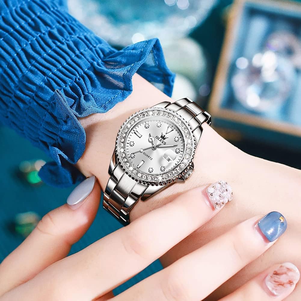 OLEVS Orologio da donna con diamanti al quarzo, analogico, in acciaio inox, due tonalità, impermeabile, luminoso, con data, orologio da polso da donna, regalo