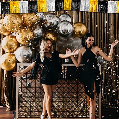 Image of 6 Pack 10 Feet Black Gold Silver Foil Fringe Garland Metallic Tinsel Streamers Banner Wall Hanging Backdrop Banner for Parade Floats, Thanksgiving, Christmas, Birthday, Halloween Party Decorations