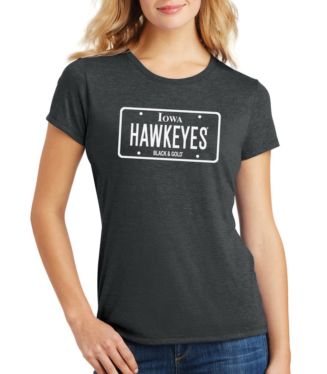 CornBorn Iowa Womens Apparel Premium Tri-Blend Blackout Hawkeyes License Plate Tee - Black Frost - Medium