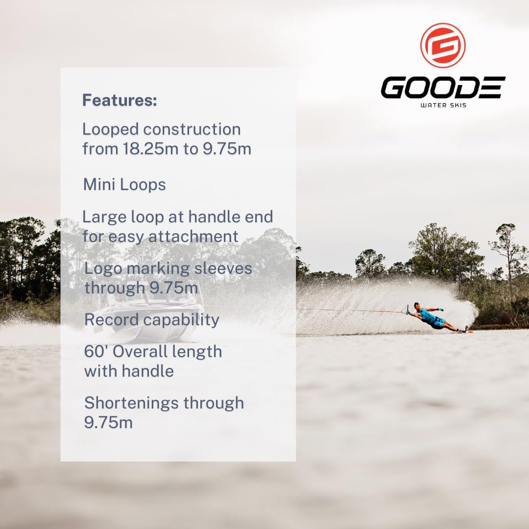 Goode Water Ski Tournament Rope – Handmade in USA with PolyproMAX Yarn, Looped Construction from 18.25m to 9.75m, Record-Capable, Pre-Stretched, Professional Grade, 60' Overall Length