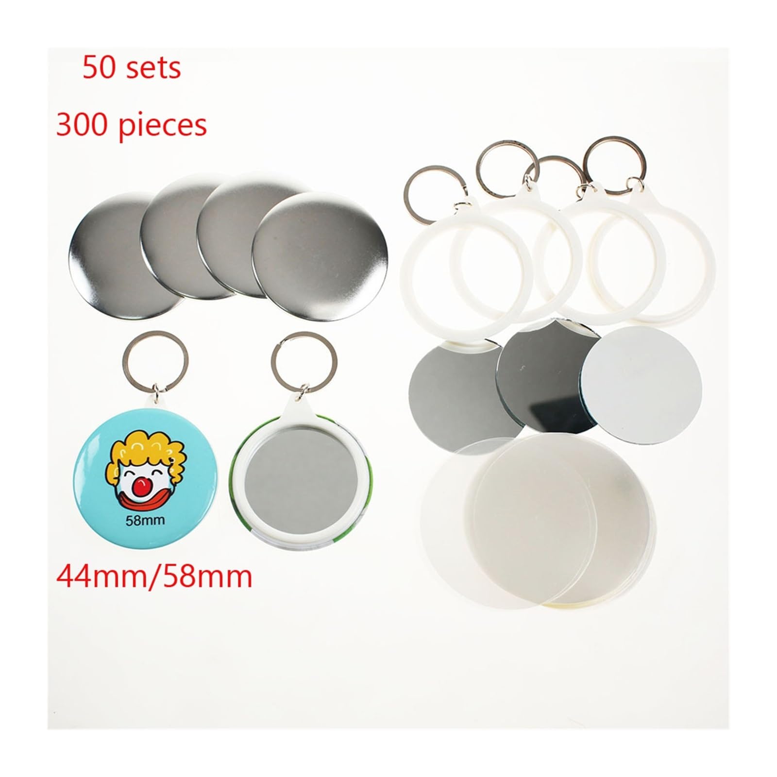 Blanko-Button-Pin-Abzeichen-Bausatz, 50 Sets Schlüsselschloss Spiegel Blanko Badge Button Pins Blanko DIY Bastelteile Maker 50 Stück 44/58mm(58mm)