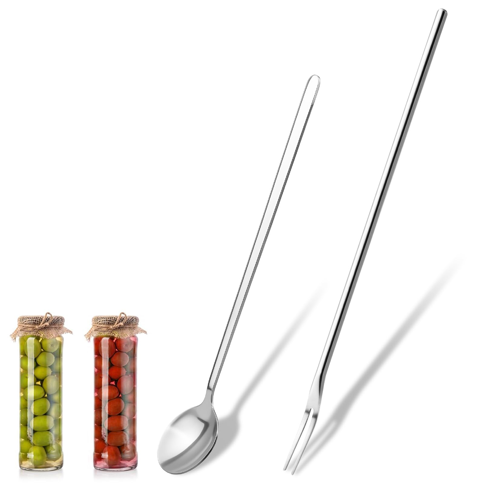 2-teiliges Gurkengabel-Werkzeug-Set, 19,1 cm Löffel und 21,6 cm Gurkengabel mit langem Griff, Edelstahllöffel und Gabeln, Set für das Glas, Oliven, Gurken, Zwiebeln, Gurken