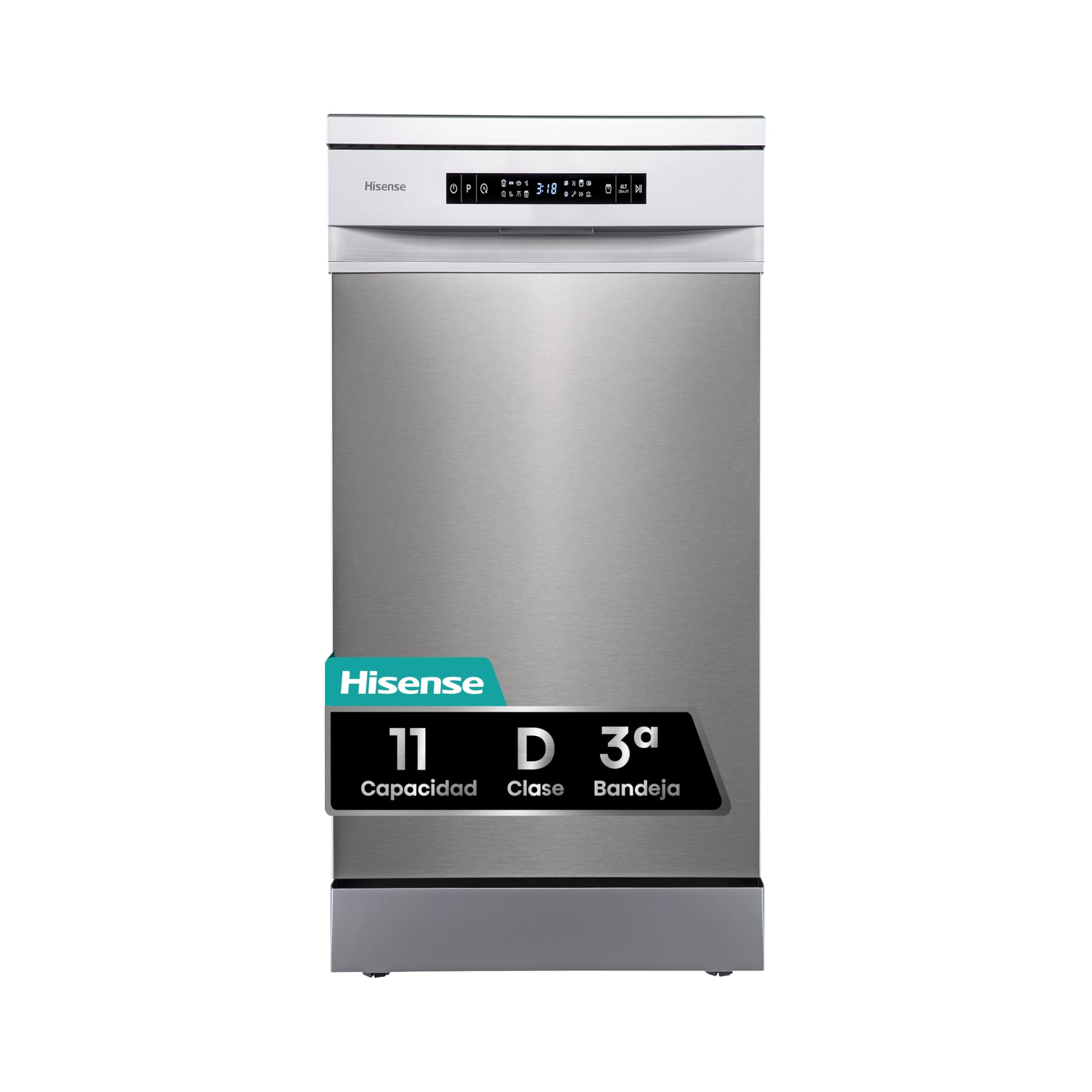 Hisense HS543D10X-​Lavavajillas, Libre Instalación, 45cm de Ancho, Class D, 11 Servicios, 8 Programas, 1/​2 Media Carga, 3ª Bandeja, Inicio Diferido, Apertura Automática de Puerta, Inox